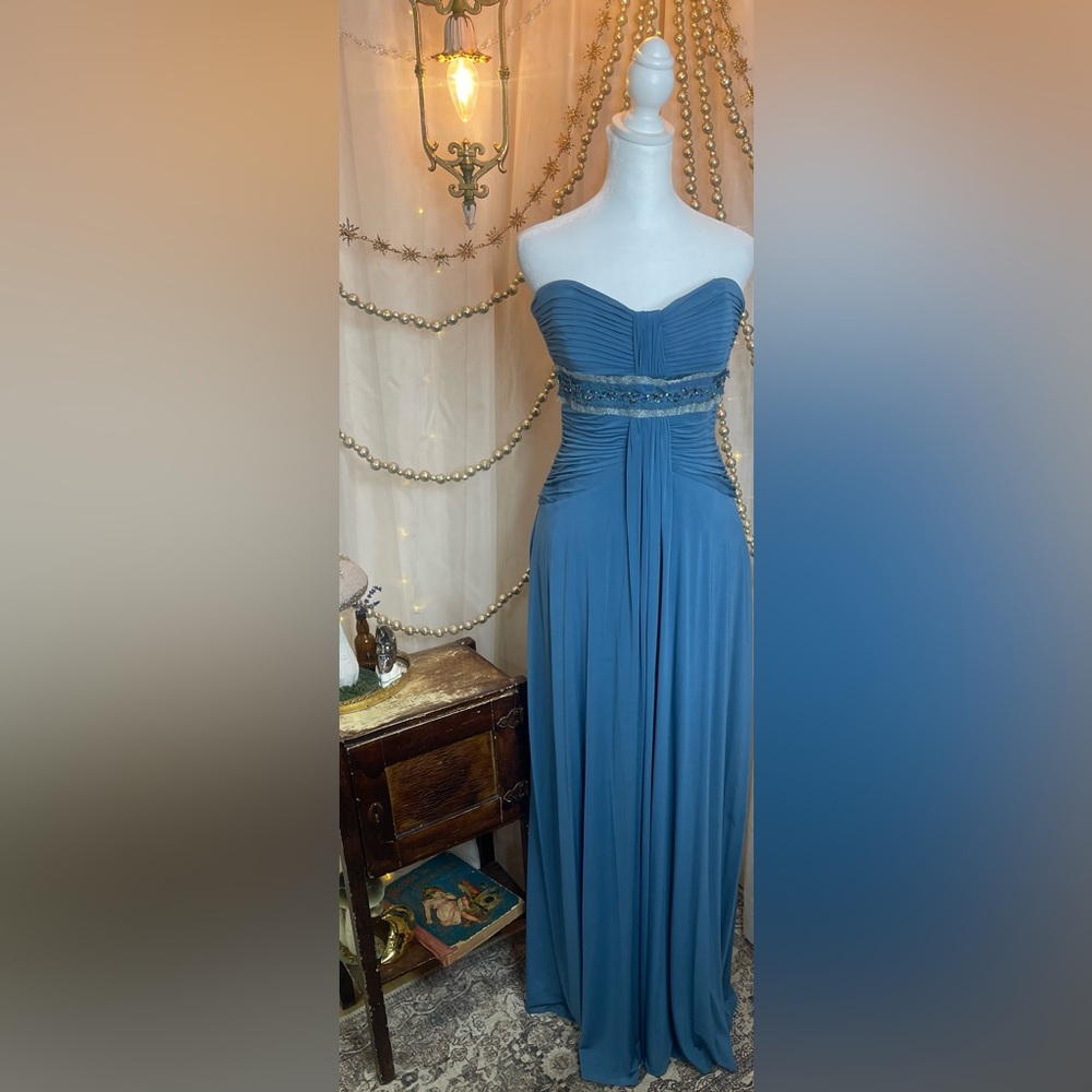 BCBGMaxAzria Blue Embellished Ruched Strapless Gown